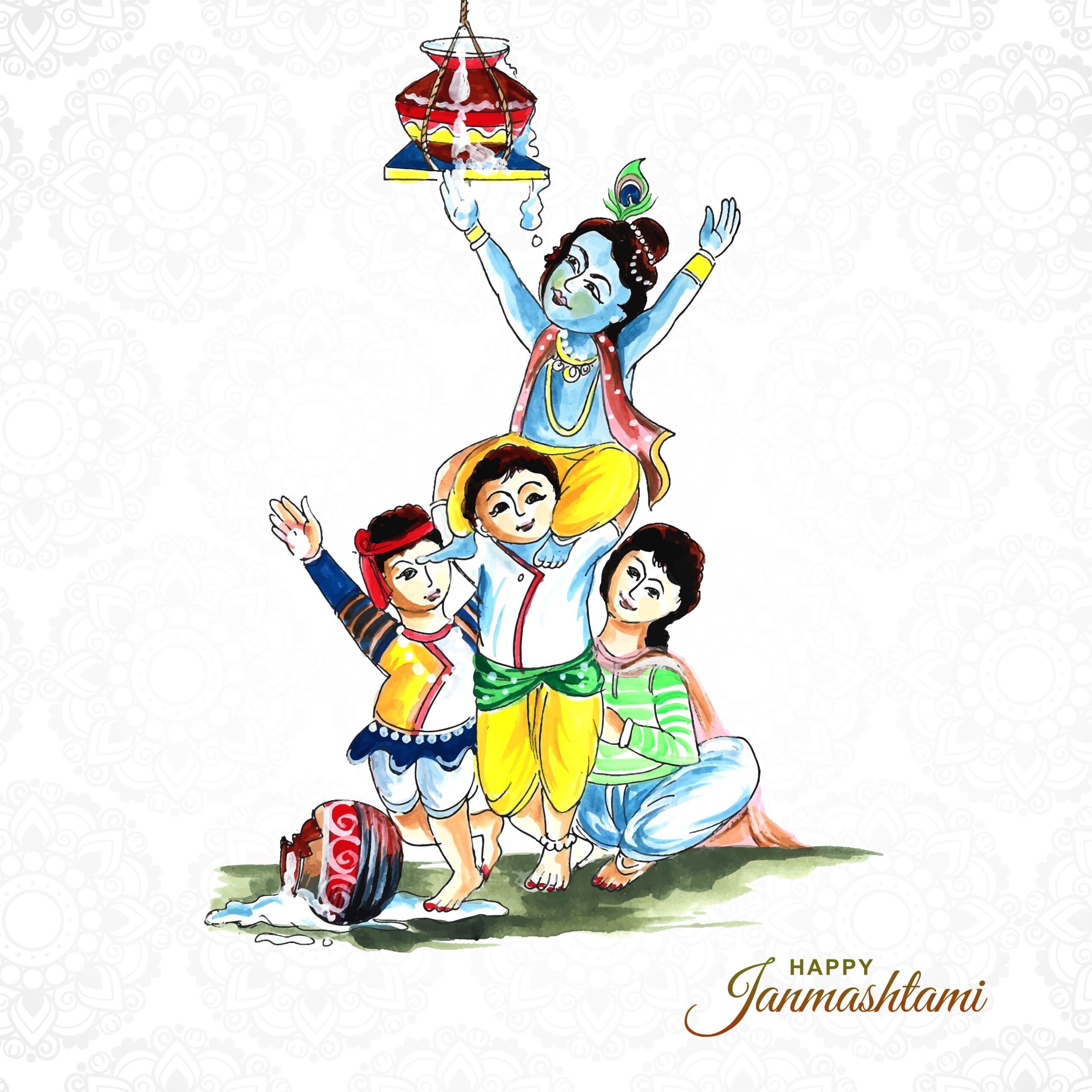 Lord Krishana in Happy JanmashtamiV festival card background